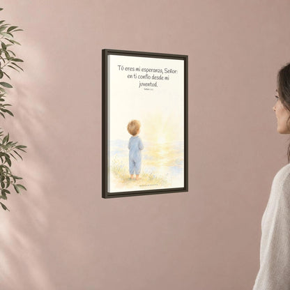 Tú eres mi esperanza, Señor — Lienzo Cristiano Enmarcado | Salmo 71:5 — 16×24 pulgadas, marco espresso, vista angular ambiental del marco flotante, escala física calibrada