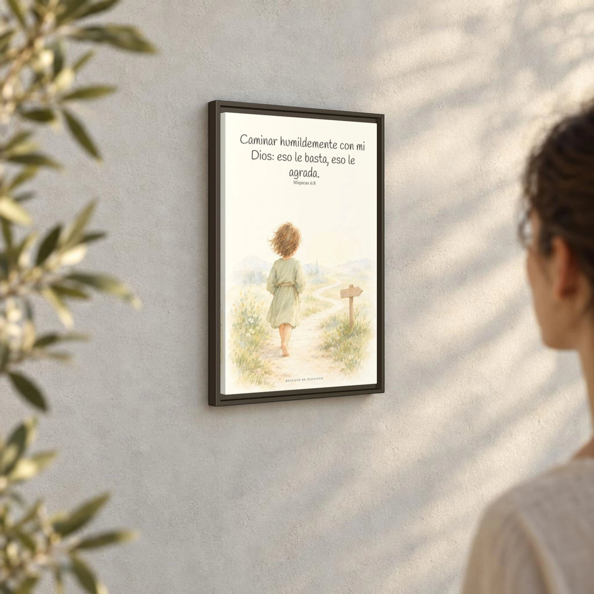 Caminar con Dios es suficiente — Lienzo Cristiano Enmarcado | Miqueas 6:8 — 16×24 pulgadas, marco espresso, vista angular ambiental del marco flotante, escala física calibrada