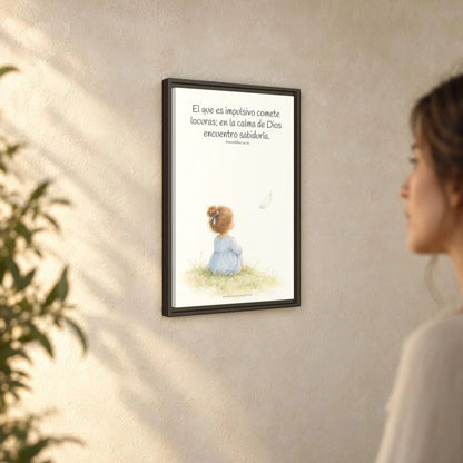La prisa del corazón no agrada a Dios | Decoración cristiana enmarcada | Proverbios 14:29 — 16×24 pulgadas, marco espresso, vista angular ambiental del marco flotante, escala física calibrada