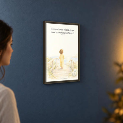 El Señor me sostiene en pensamiento firme — Lienzo Cristiano Enmarcado | Isaías 26:3 — 16×24 pulgadas, marco espresso, vista angular ambiental del marco flotante, escala física calibrada