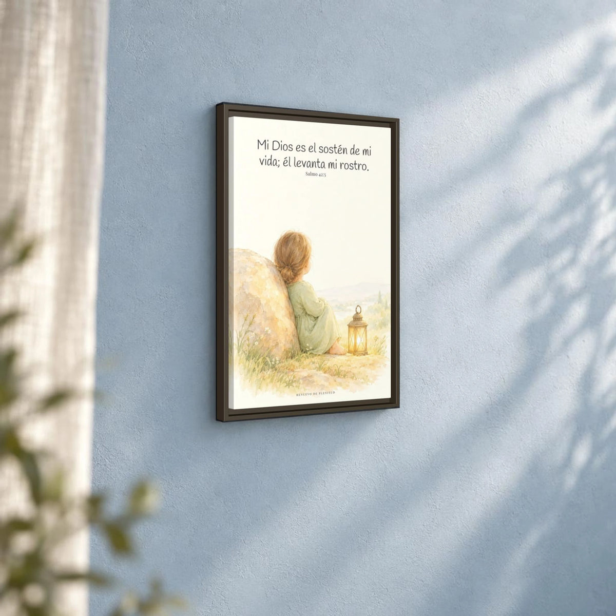Dios es el sostén de mi vida — Lienzo Cristiano Enmarcado | Salmo 42:5 — 16×24 pulgadas, marco espresso, vista angular ambiental del marco flotante, escala física calibrada