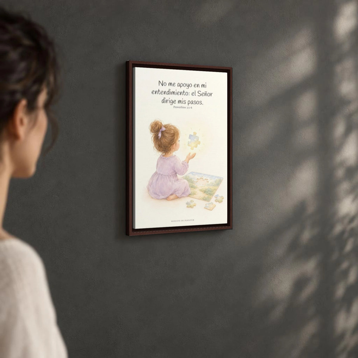 El Señor dirige mis pasos | Decoración cristiana enmarcada | Proverbios 3:5-6 — 16×24 pulgadas, marco espresso, vista angular ambiental del marco flotante, escala física calibrada