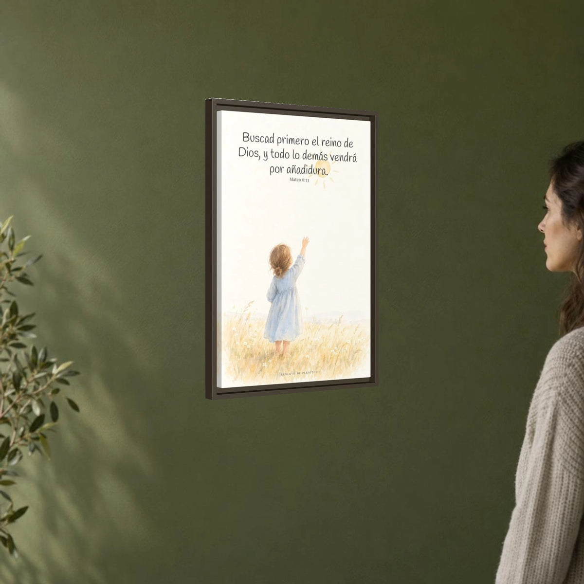 Buscad primero el reino de Dios — Lienzo Cristiano Enmarcado | Mateo 6:33 — 16×24 pulgadas, marco espresso, vista angular ambiental del marco flotante, escala física calibrada