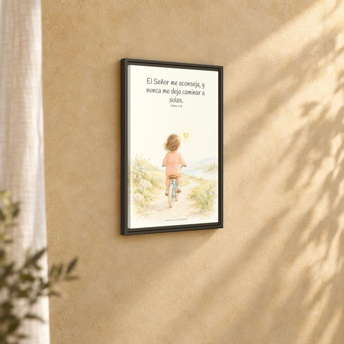 El Señor me aconseja con amor | Cuadro de fe enmarcado | Salmo 32:8 — 16×24 pulgadas, marco espresso, vista angular ambiental del marco flotante, escala física calibrada