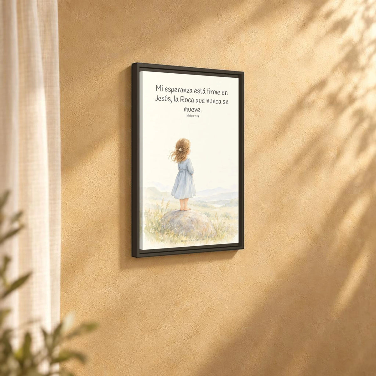Mi esperanza está firme en Jesús — Lienzo Cristiano Enmarcado | Mateo 7:24 — 16×24 pulgadas, marco espresso, vista angular ambiental del marco flotante, escala física calibrada