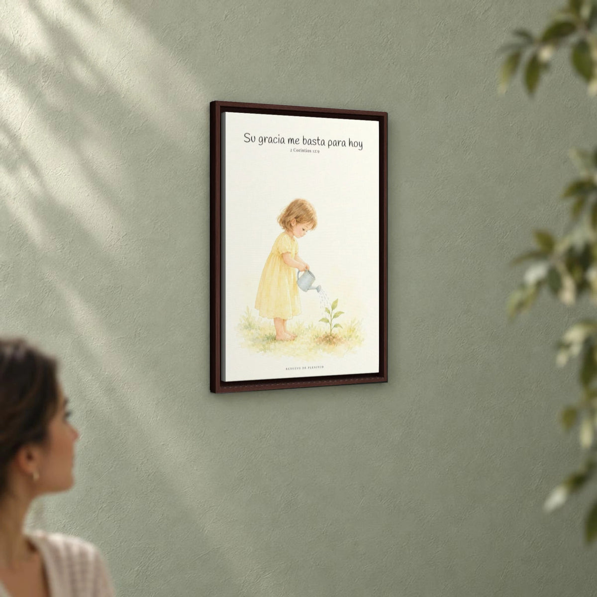 Su gracia me basta para hoy | Decoración de fe para pared | 2 Corintios 12:9 — 16×24 pulgadas, marco espresso, vista angular ambiental del marco flotante, escala física calibrada