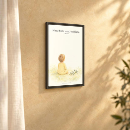 No se turbe vuestro corazón — Lienzo Cristiano Enmarcado | Juan 14:27 — 16×24 pulgadas, marco espresso, vista angular ambiental del marco flotante, escala física calibrada