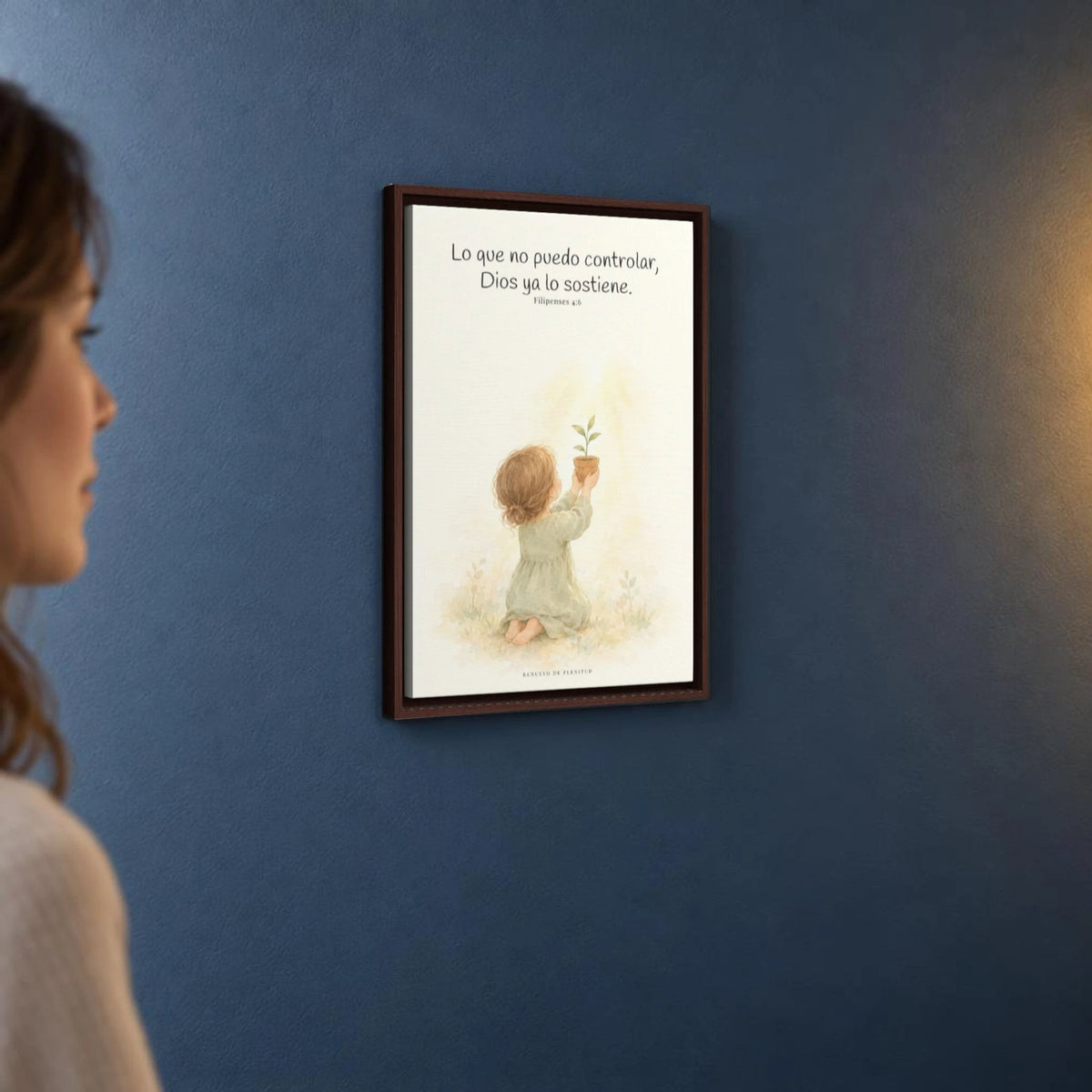 Dios cuida lo que yo no puedo controlar | Decoración de fe para pared | Filipenses 4:6 — 16×24 pulgadas, marco espresso, vista angular ambiental del marco flotante, escala física calibrada