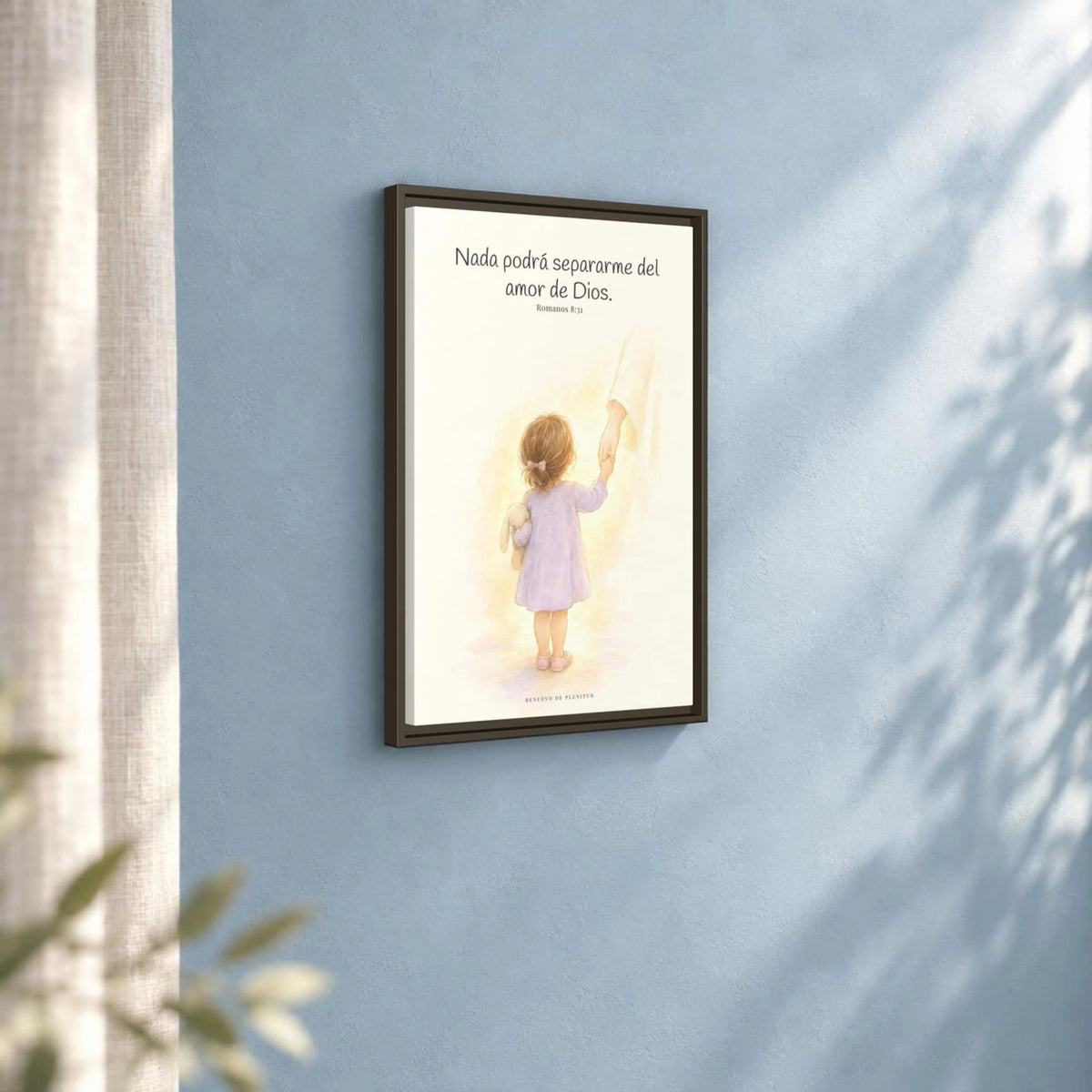 Nada podrá separarme del amor de Dios | Cuadro de inspiración bíblica | Romanos 8:31 — 16×24 pulgadas, marco espresso, vista angular ambiental del marco flotante, escala física calibrada