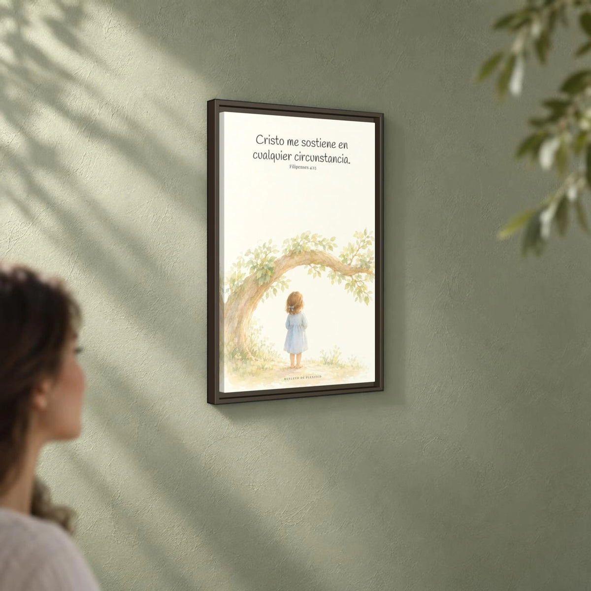 Cristo me sostiene en cualquier circunstancia — Lienzo Cristiano Enmarcado | Filipenses 4:13 — 16×24 pulgadas, marco espresso, vista angular ambiental del marco flotante, escala física calibrada