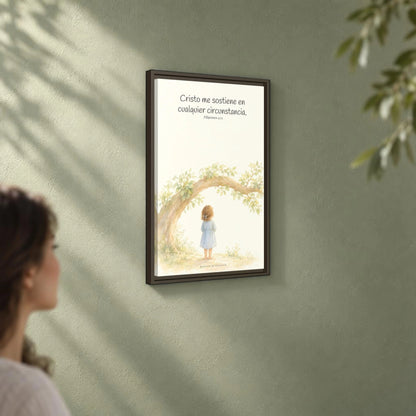Cristo me sostiene en cualquier circunstancia — Lienzo Cristiano Enmarcado | Filipenses 4:13 — 16×24 pulgadas, marco espresso, vista angular ambiental del marco flotante, escala física calibrada