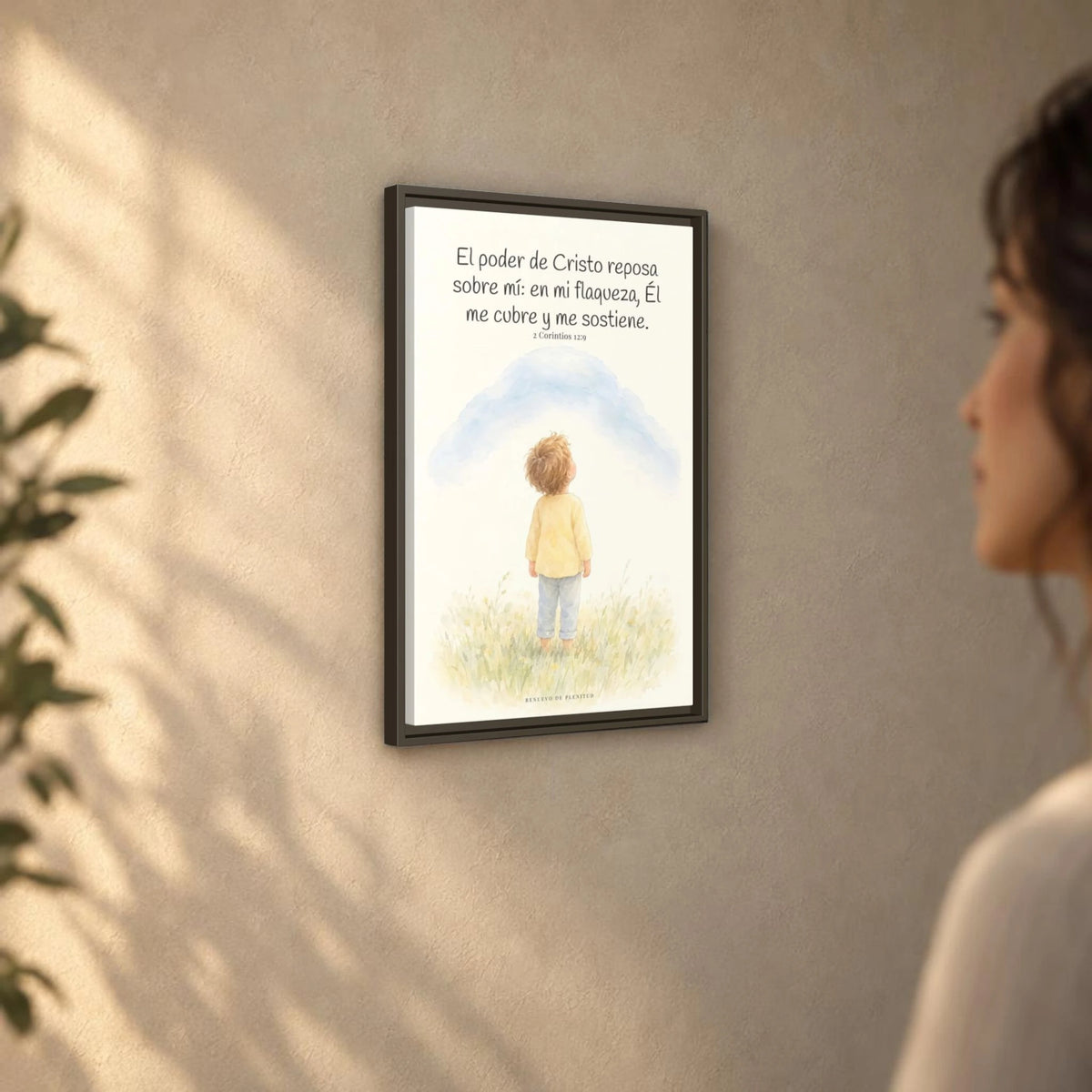 El poder de Cristo descansa sobre mí | Cuadro bíblico para el hogar | 2 Corintios 12:9 — 16×24 pulgadas, marco espresso, vista angular ambiental del marco flotante, escala física calibrada
