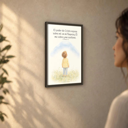 El poder de Cristo descansa sobre mí | Cuadro bíblico para el hogar | 2 Corintios 12:9 — 16×24 pulgadas, marco espresso, vista angular ambiental del marco flotante, escala física calibrada