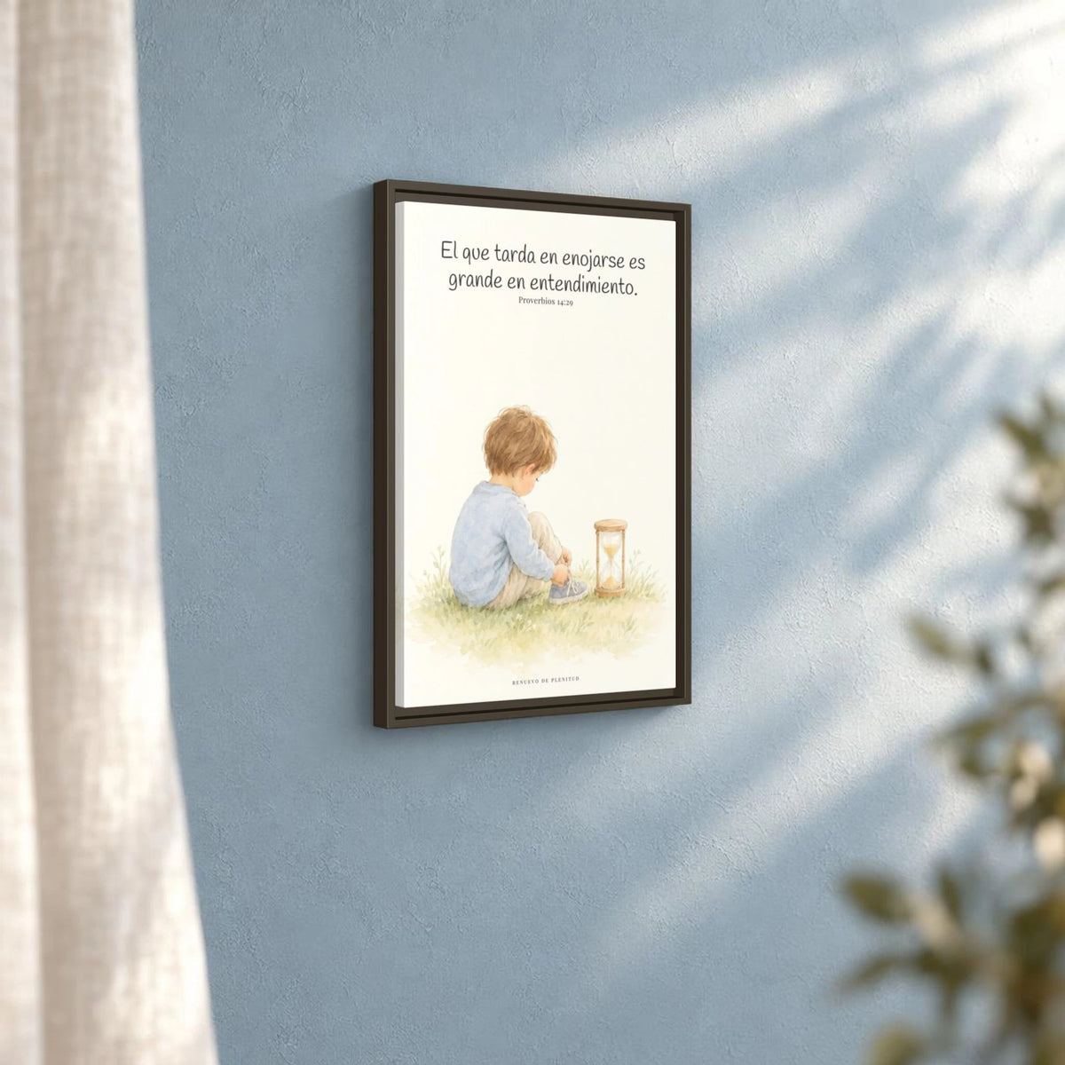 El que es lento para la ira es grande en entendimiento — Lienzo Cristiano Enmarcado | Proverbios 14:29 — 16×24 pulgadas, marco espresso, vista angular ambiental del marco flotante, escala física calibrada