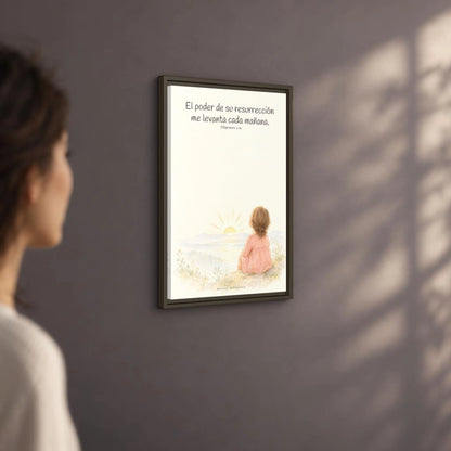 El poder de su resurrección me levanta — Lienzo Cristiano Enmarcado | Filipenses 3:10 — 16×24 pulgadas, marco espresso, vista angular ambiental del marco flotante, escala física calibrada