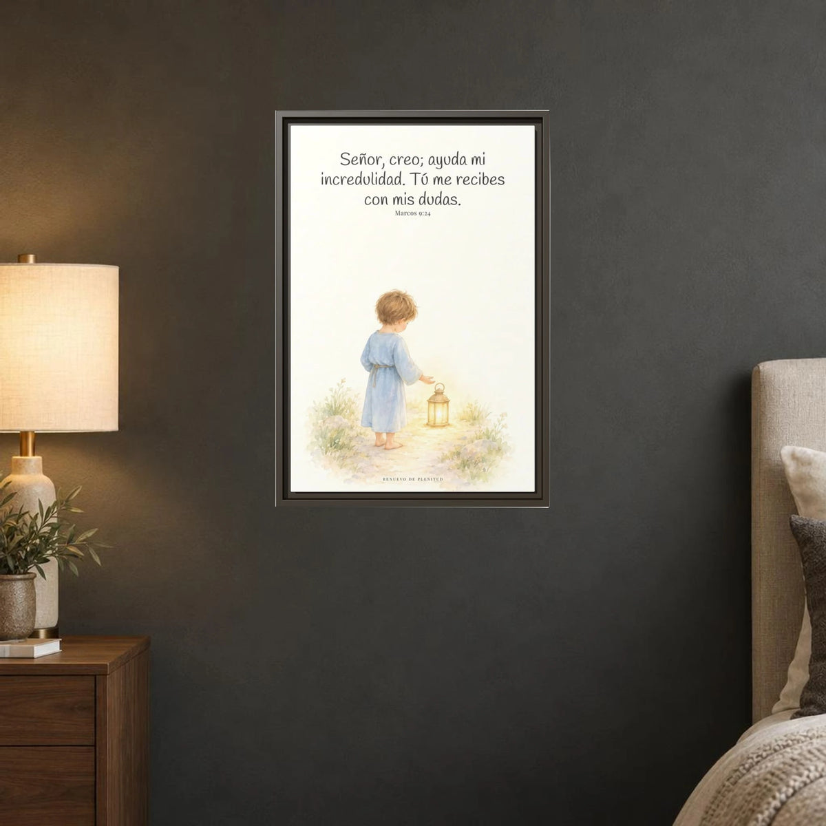 Señor, creo; ayuda mi incredulidad — Lienzo Cristiano Enmarcado | Marcos 9:24 — 16×24 pulgadas, marco espresso, vista frontal ambiental, escala física calibrada