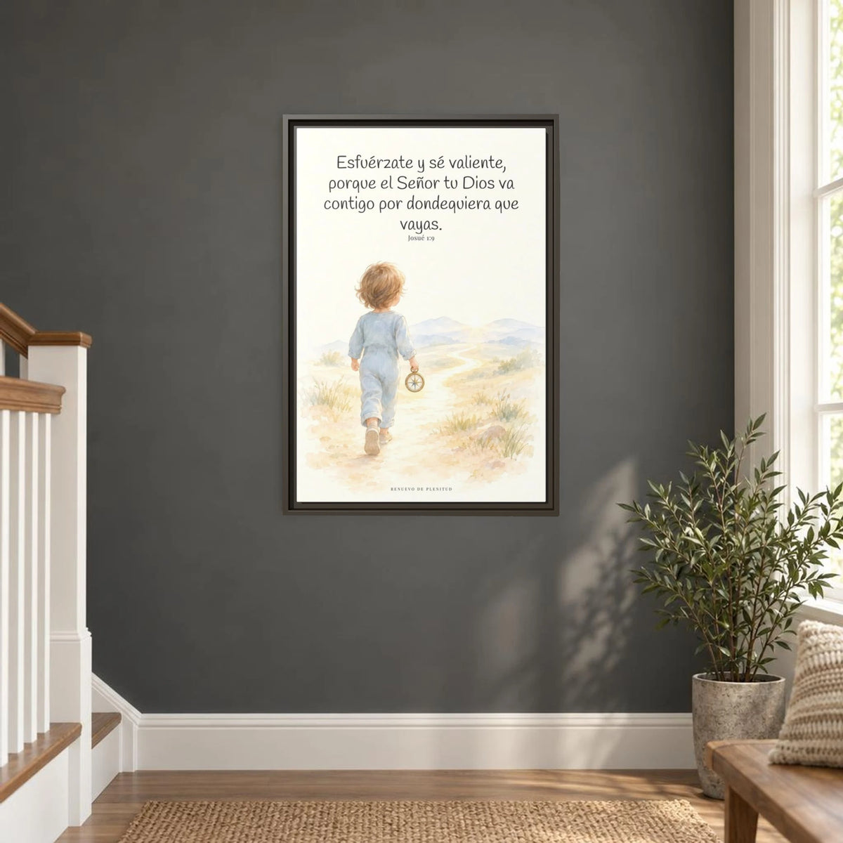 Esfuérzate y sé valiente, porque Jehová va contigo — Lienzo Cristiano Enmarcado | Josué 1:9 — 16×24 pulgadas, marco espresso, vista frontal ambiental, escala física calibrada