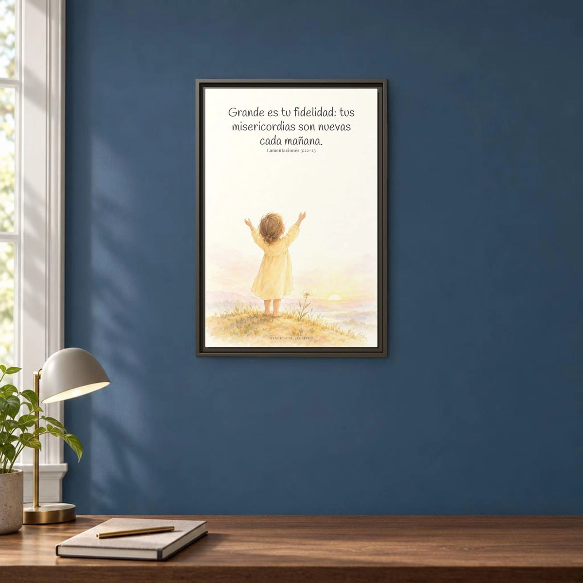 Grande es tu fidelidad, oh Dios — Lienzo Cristiano Enmarcado | Lamentaciones 3:22-23 — 16×24 pulgadas, marco espresso, vista frontal ambiental, escala física calibrada