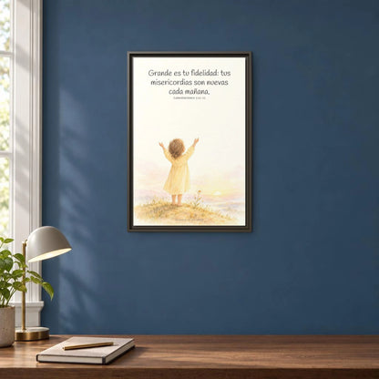 Grande es tu fidelidad, oh Dios — Lienzo Cristiano Enmarcado | Lamentaciones 3:22-23 — 16×24 pulgadas, marco espresso, vista frontal ambiental, escala física calibrada