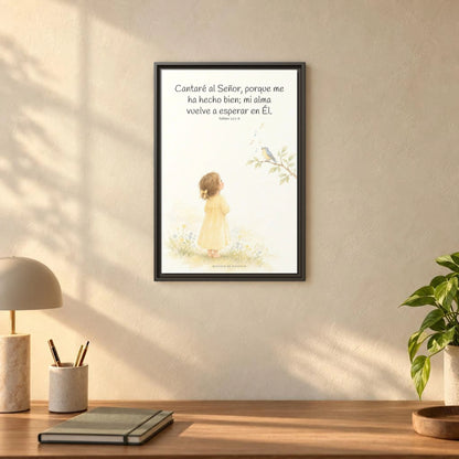 Cantaré a Jehová porque me ha hecho bien — Lienzo Cristiano Enmarcado | Salmo 13:5-6 — 16×24 pulgadas, marco espresso, vista frontal ambiental, escala física calibrada