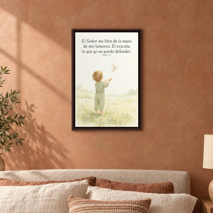 El Señor me libra de la mano de mis temores | Lienzo bíblico para el hogar | Salmo 31:15 — 16×24 pulgadas, marco espresso, vista frontal ambiental, escala física calibrada