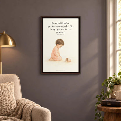 En mi debilidad se perfecciona su poder | Cuadro cristiano enmarcado | 2 Corintios 12:9 — 16×24 pulgadas, marco espresso, vista frontal ambiental, escala física calibrada