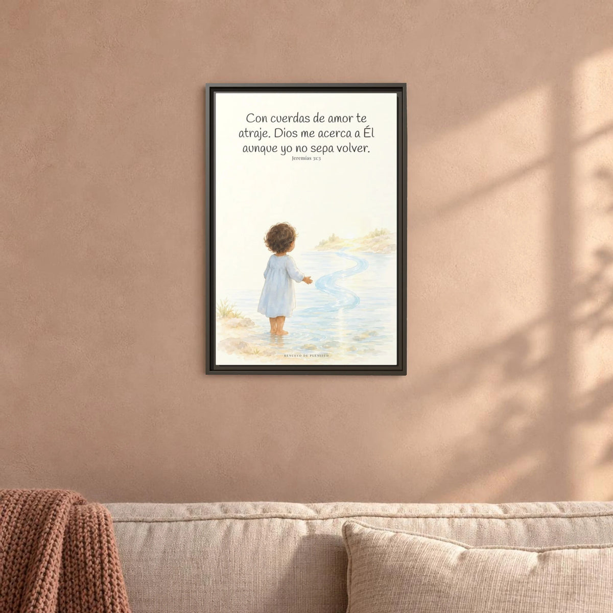 Con cuerdas de amor te atraje — Lienzo Cristiano Enmarcado | Jeremías 31:3 — 16×24 pulgadas, marco espresso, vista frontal ambiental, escala física calibrada