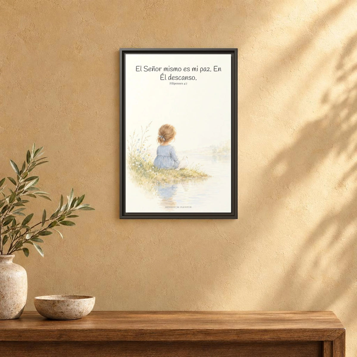 El Señor mismo es mi paz — Lienzo Cristiano Enmarcado | Filipenses 4:7 — 16×24 pulgadas, marco espresso, vista frontal ambiental, escala física calibrada