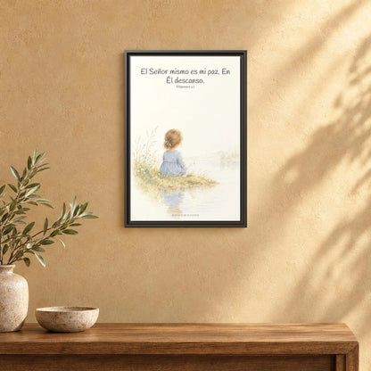 El Señor mismo es mi paz — Lienzo Cristiano Enmarcado | Filipenses 4:7 — 16×24 pulgadas, marco espresso, vista frontal ambiental, escala física calibrada