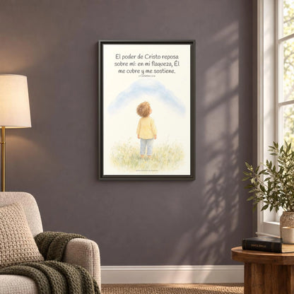 El poder de Cristo descansa sobre mí | Cuadro bíblico para el hogar | 2 Corintios 12:9 — 16×24 pulgadas, marco espresso, vista frontal ambiental, escala física calibrada