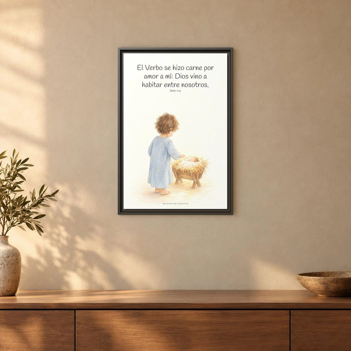 El Verbo se hizo carne por amor a mí — Lienzo Cristiano Enmarcado | Juan 1:14 — 16×24 pulgadas, marco espresso, vista frontal ambiental, escala física calibrada