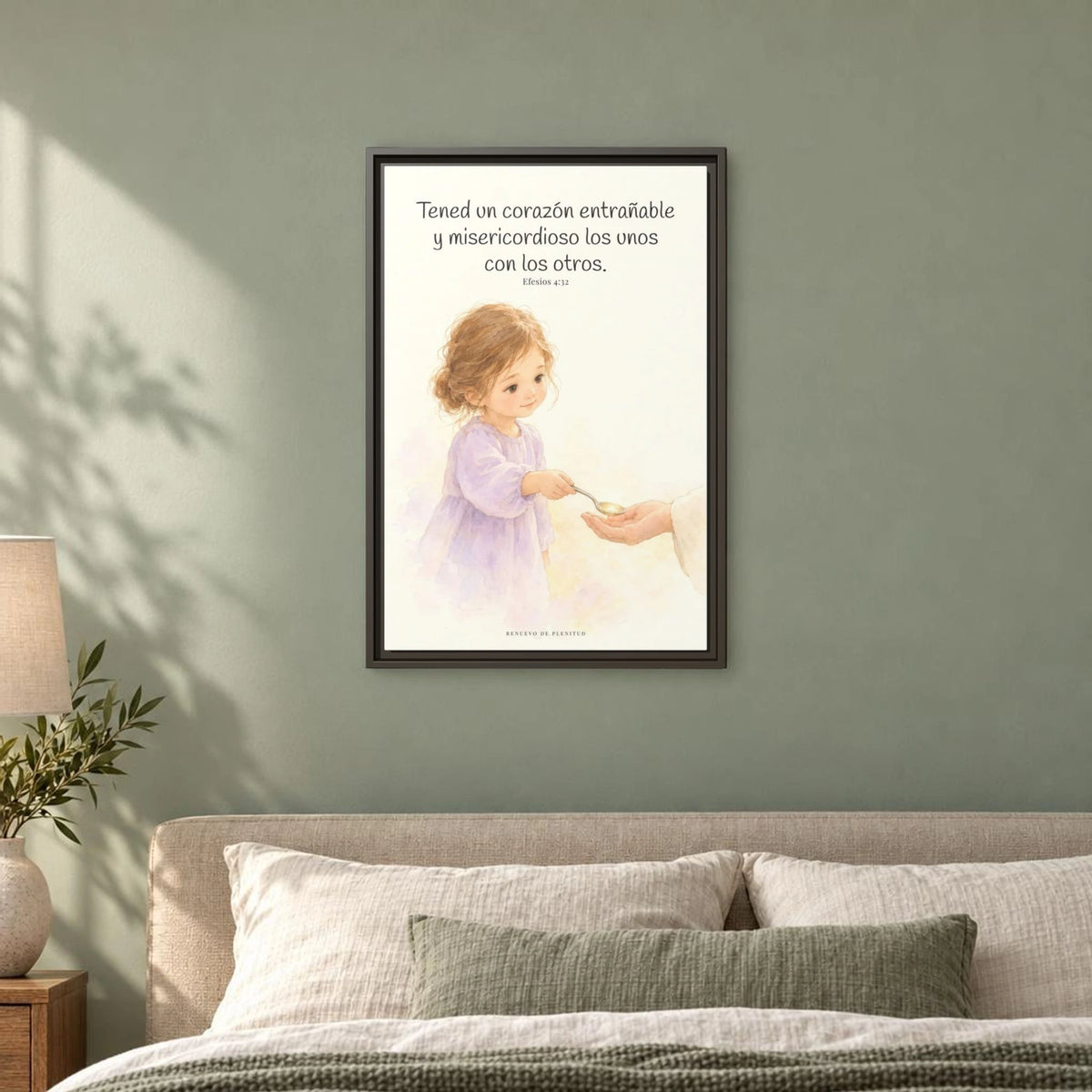 Tened un corazón entrañable — Lienzo Cristiano Enmarcado | Efesios 4:32 — 16×24 pulgadas, marco espresso, vista frontal ambiental, escala física calibrada