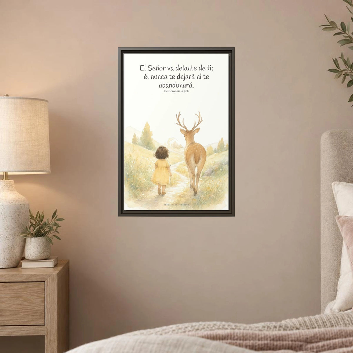Jehová va delante de ti — Lienzo Cristiano Enmarcado | Deuteronomio 31:8 — 16×24 pulgadas, marco espresso, vista frontal ambiental, escala física calibrada