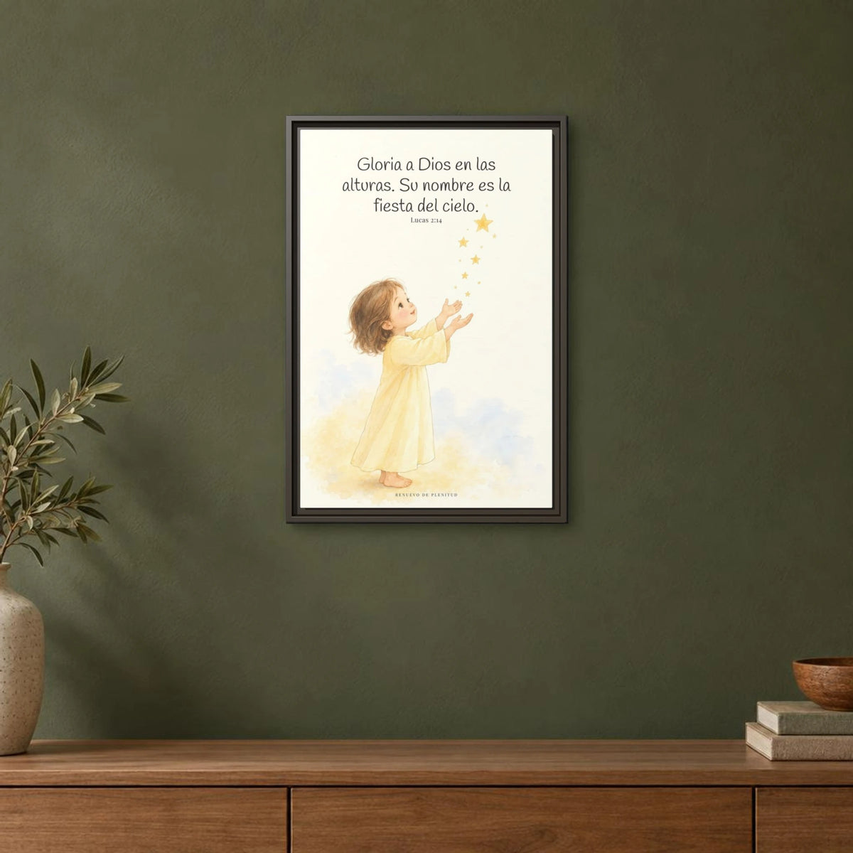 El cielo entero da gloria a Dios | Decoración de fe para pared | Lucas 2:14 — 16×24 pulgadas, marco espresso, vista frontal ambiental, escala física calibrada