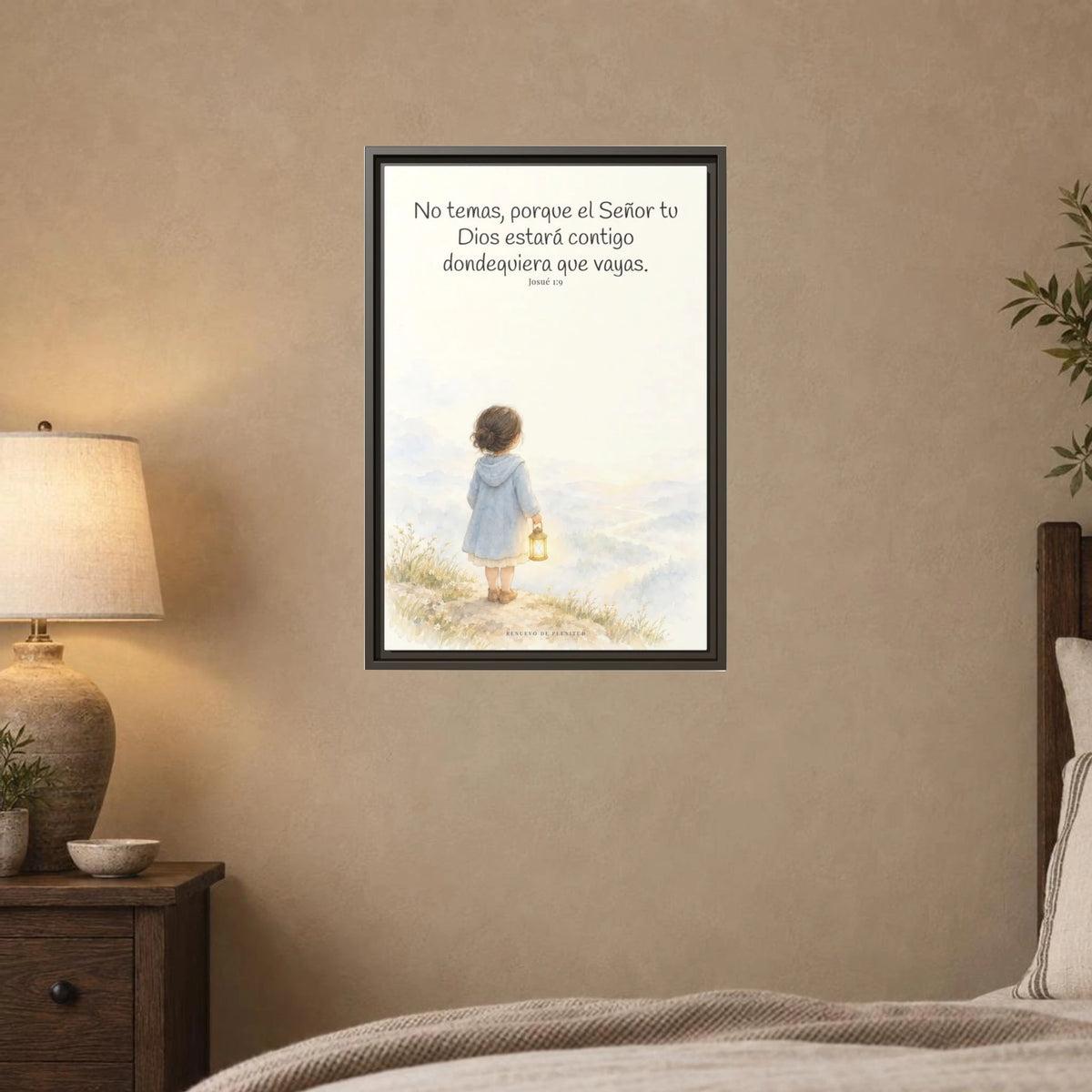 Jehová tu Dios estará contigo — Lienzo Cristiano Enmarcado | Josué 1:9 — 16×24 pulgadas, marco espresso, vista frontal ambiental, escala física calibrada