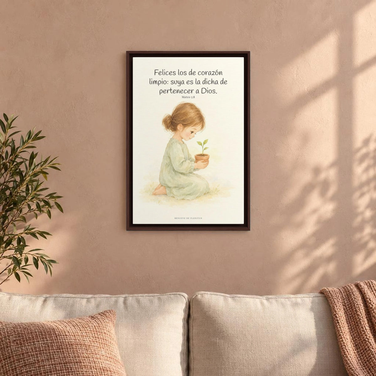 Felices los que pertenecen a Dios | Lienzo de fe para el hogar | Mateo 5:8 — 16×24 pulgadas, marco espresso, vista frontal ambiental, escala física calibrada