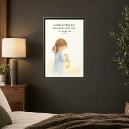 Este mi hijo perdido ha sido hallado — Lienzo Cristiano Enmarcado | Lucas 15:24 — 16×24 pulgadas, marco espresso, vista frontal ambiental, escala física calibrada