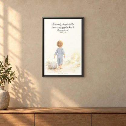 Ven a mí y yo te haré descansar — Lienzo Cristiano Enmarcado | Mateo 11:28 — 16×24 pulgadas, marco espresso, vista frontal ambiental, escala física calibrada