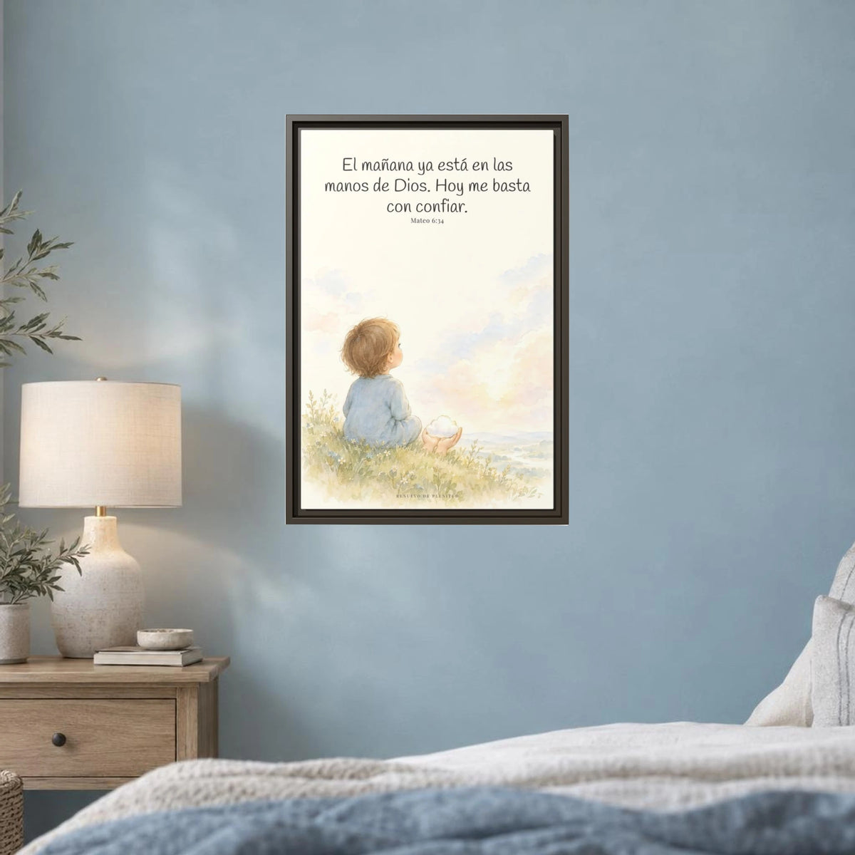 El mañana ya está en las manos de Dios — Lienzo Cristiano Enmarcado | Mateo 6:34 — 16×24 pulgadas, marco espresso, vista frontal ambiental, escala física calibrada