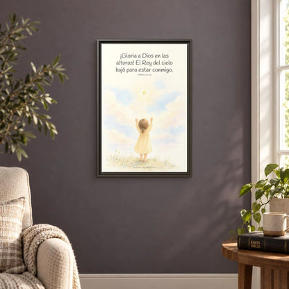 Gloria a Dios en las alturas — Lienzo Cristiano Enmarcado | Lucas 2:13-14 — 16×24 pulgadas, marco espresso, vista frontal ambiental, escala física calibrada