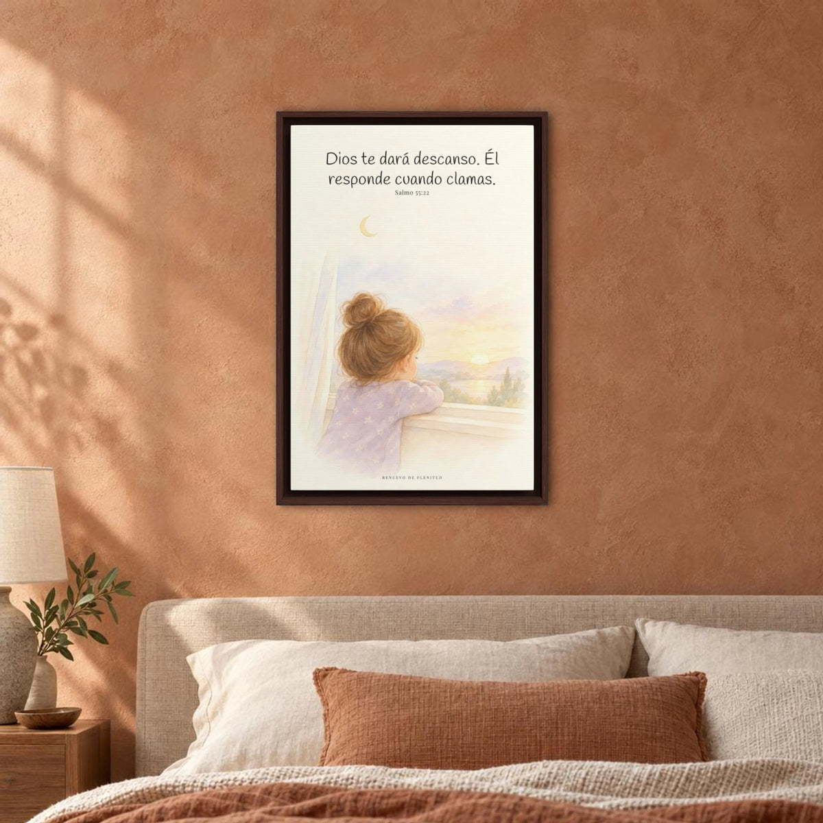 Dios te dará descanso | Cuadro cristiano enmarcado | Salmo 55:22 — 16×24 pulgadas, marco espresso, vista frontal ambiental, escala física calibrada