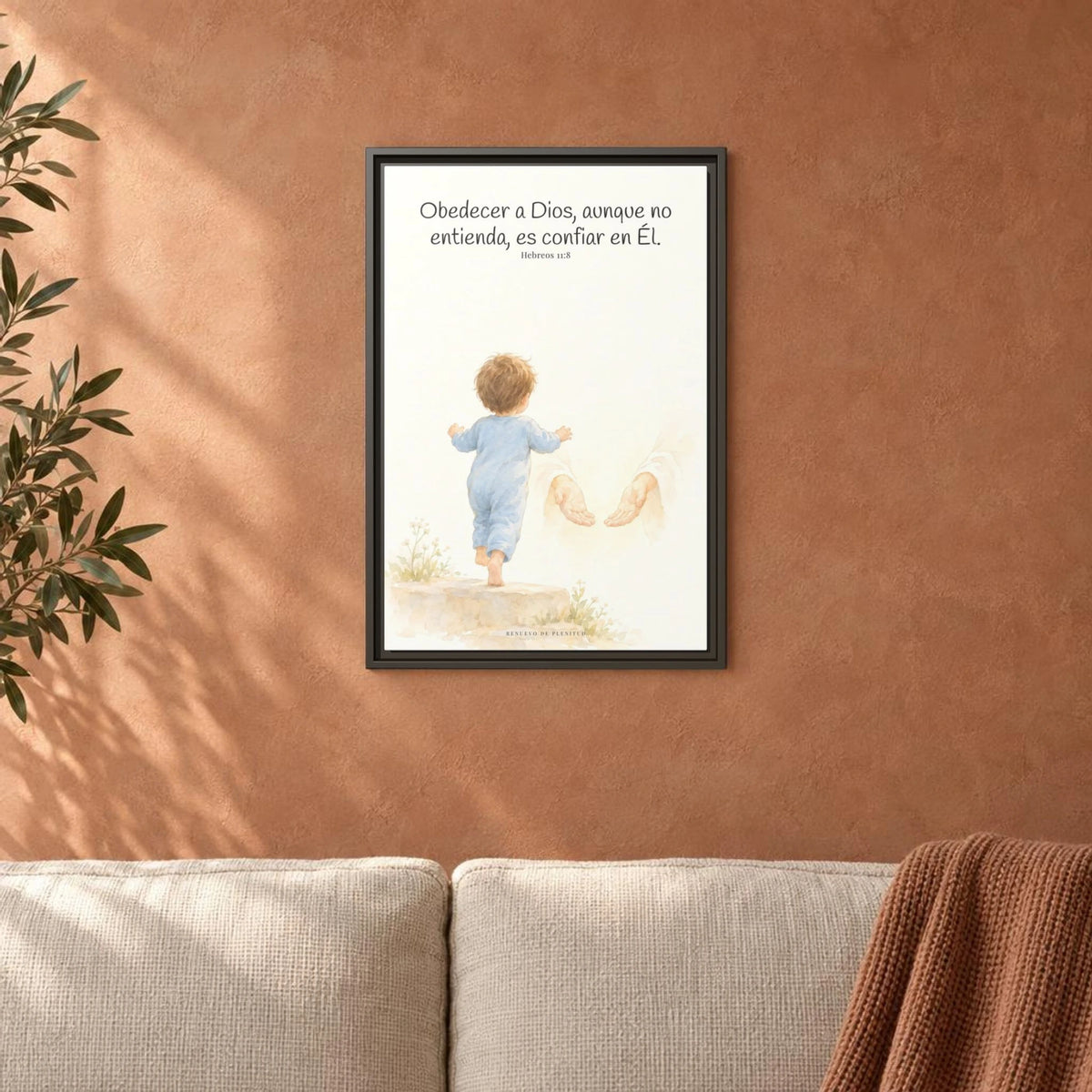 Obedecer a Dios es mi mayor valentía — Lienzo Cristiano Enmarcado | Hebreos 11:8 — 16×24 pulgadas, marco espresso, vista frontal ambiental, escala física calibrada