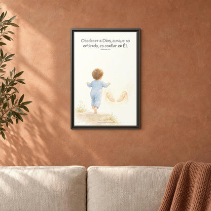 Obedecer a Dios es mi mayor valentía — Lienzo Cristiano Enmarcado | Hebreos 11:8 — 16×24 pulgadas, marco espresso, vista frontal ambiental, escala física calibrada