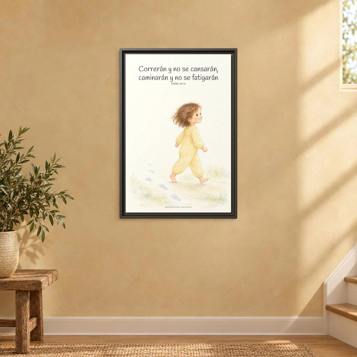 Correrán y no se cansarán — Lienzo Cristiano Enmarcado | Isaías 40:31 — 16×24 pulgadas, marco espresso, vista frontal ambiental, escala física calibrada