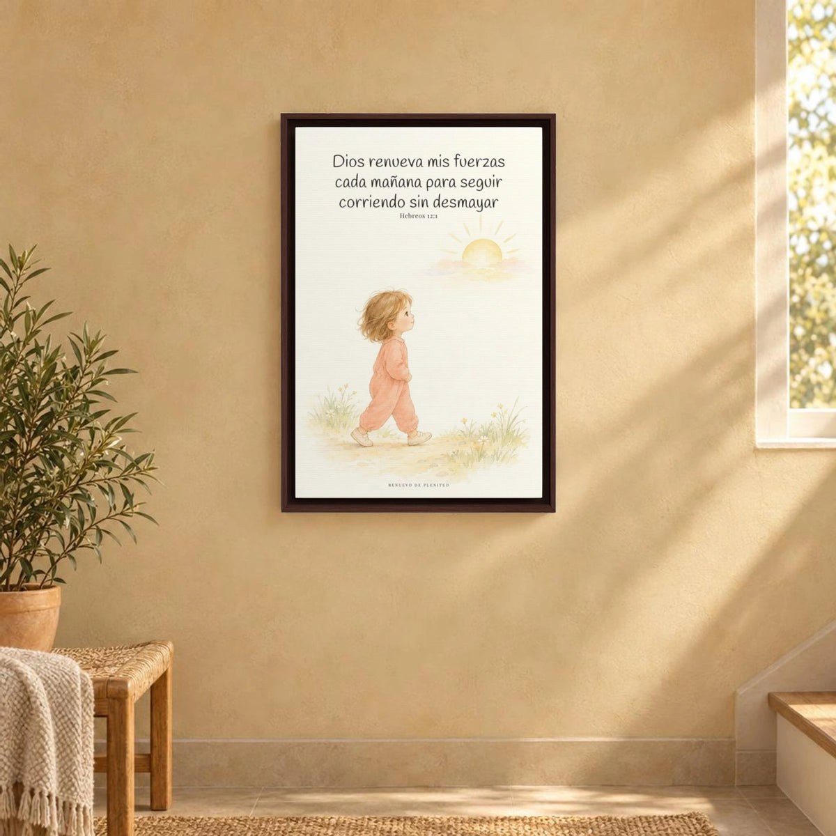 Dios me da nuevas fuerzas cada mañana | Decoración de fe para pared | Hebreos 12:1 — 16×24 pulgadas, marco espresso, vista frontal ambiental, escala física calibrada