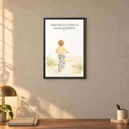 Jehová fortalece tu corazón — Lienzo Cristiano Enmarcado | Salmo 27:14 — 16×24 pulgadas, marco espresso, vista frontal ambiental, escala física calibrada