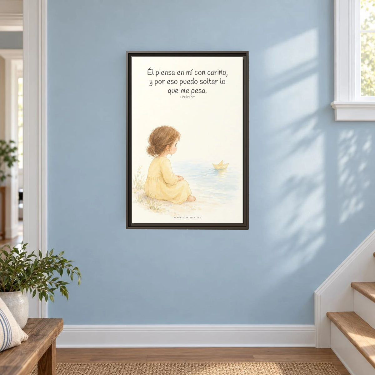 Echa Toda Tu Ansiedad Sobre Dios — Lienzo Cristiano Enmarcado | 1 Pedro 5:7 — 16×24 pulgadas, marco espresso, vista frontal ambiental, escala física calibrada