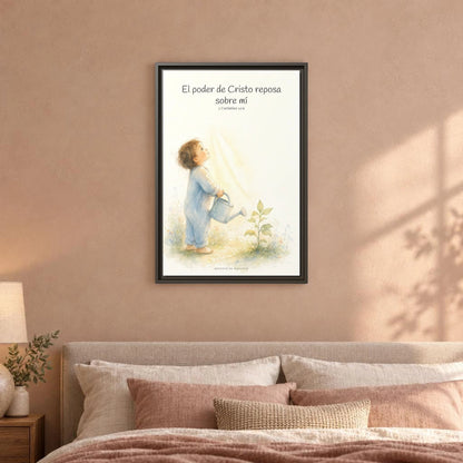 Su poder descansa sobre mí — Lienzo Cristiano Enmarcado | 2 Corintios 12:9 — 16×24 pulgadas, marco espresso, vista frontal ambiental, escala física calibrada