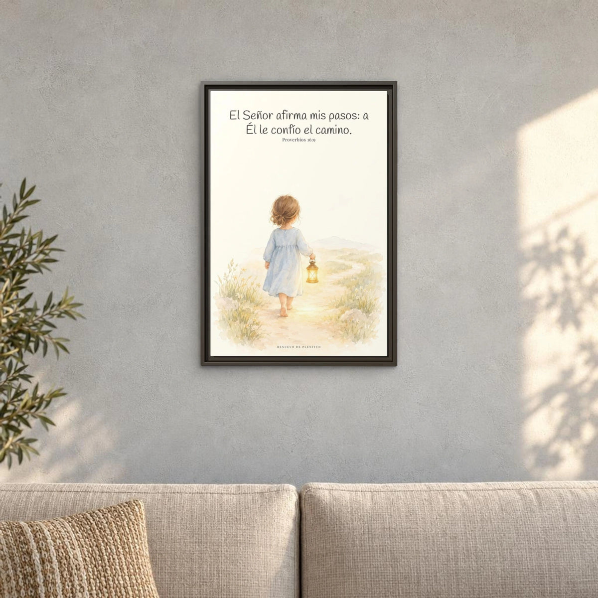 El Señor dirige mis pasos este año — Lienzo Cristiano Enmarcado | Proverbios 16:9 — 16×24 pulgadas, marco espresso, vista frontal ambiental, escala física calibrada