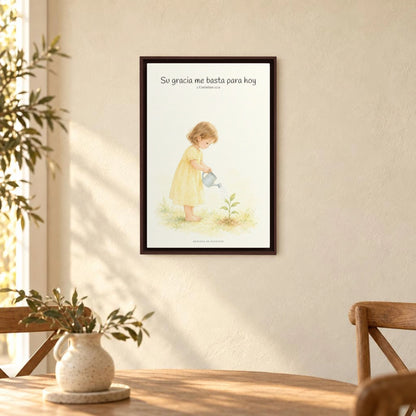 Su gracia me basta para hoy | Decoración de fe para pared | 2 Corintios 12:9 — 16×24 pulgadas, marco espresso, vista frontal ambiental, escala física calibrada